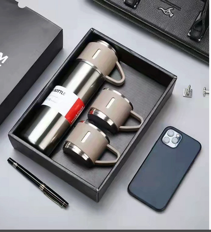 Set Termo + 3 Tazas en Acero Inoxidable.