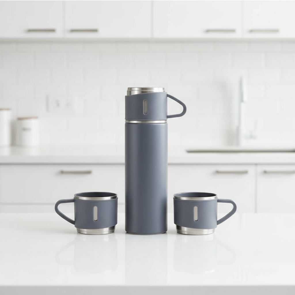 Set Termo + 3 Tazas en Acero Inoxidable.